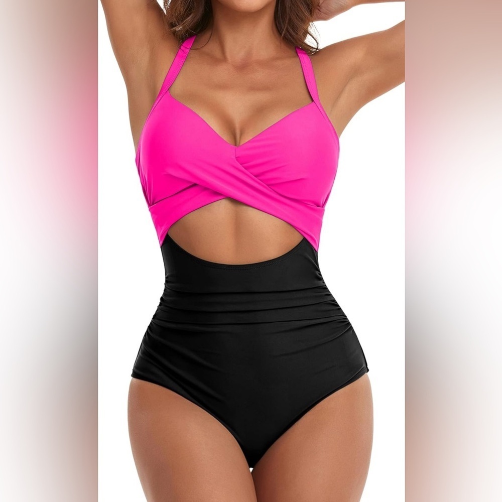 NEW-Pink & Black Cut out
Padded‎ Push-up Full Coverage
Slimming Ruched Sides